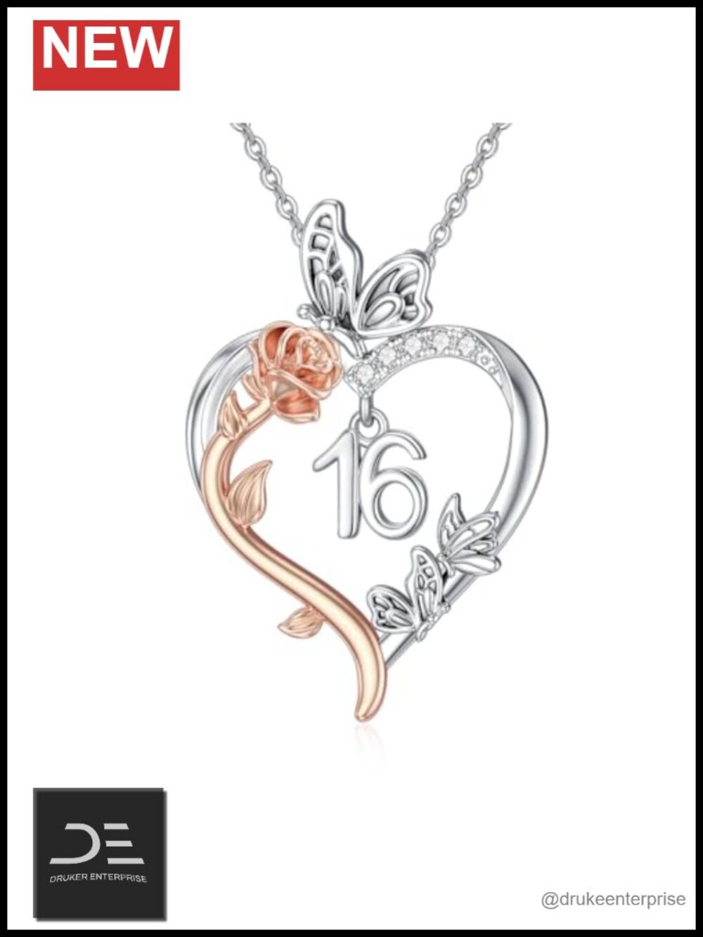 925 Sterling Silver Rose Heart Butterfly Pendant Necklace Gift for Women
